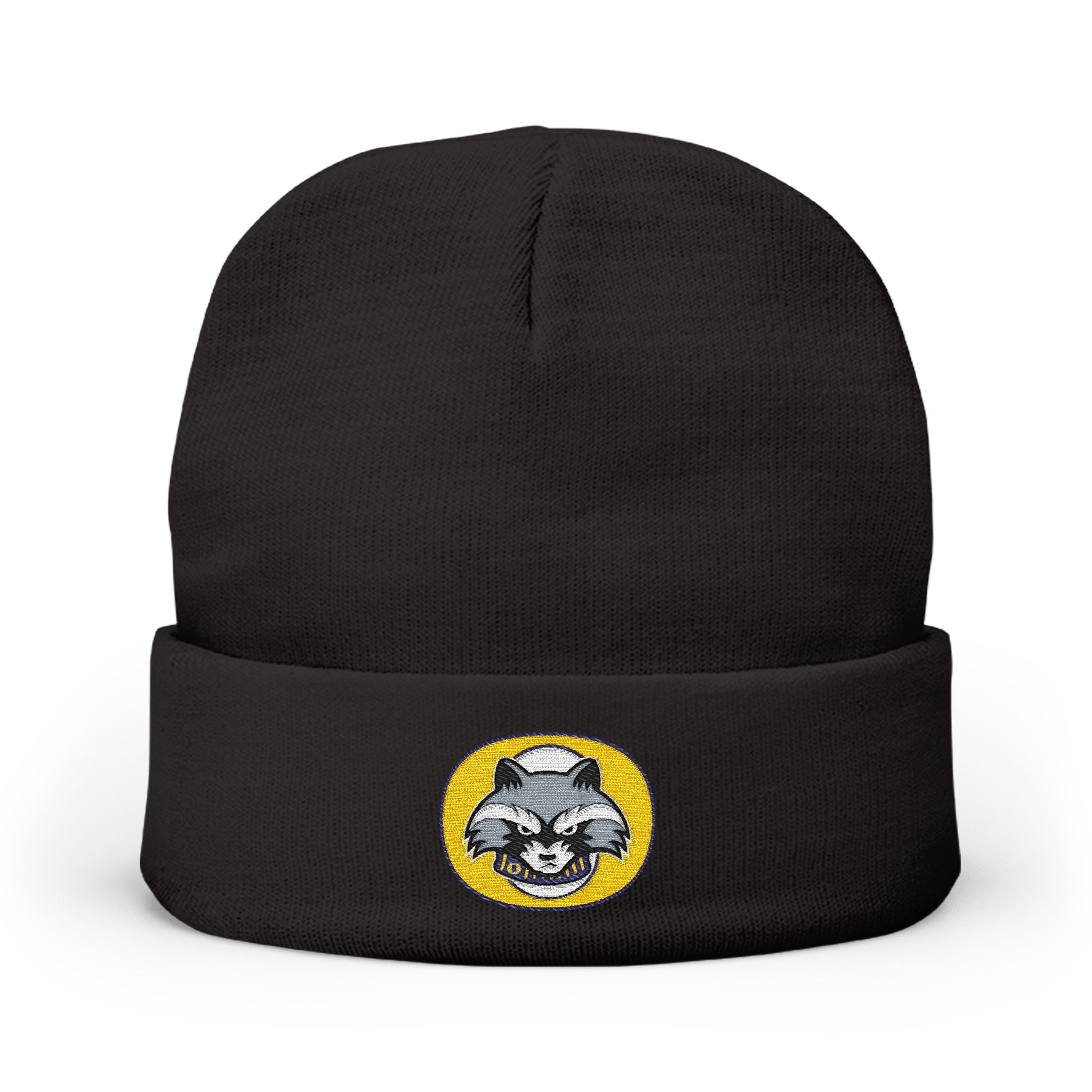 Embroidered Raccoon Patch Knit Beanie