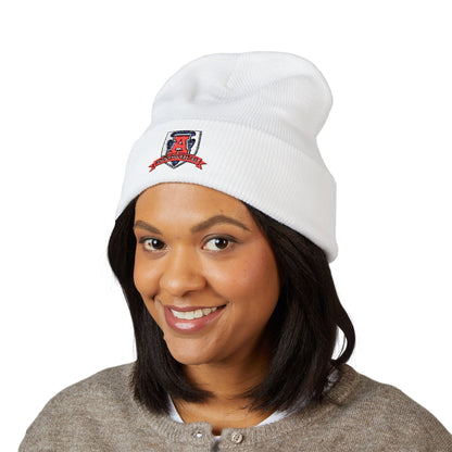 Embroidered Crest Cuffed Beanie — Classic White Knit Hat