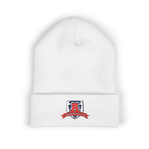 Embroidered Crest Cuffed Beanie — Classic White Knit Hat