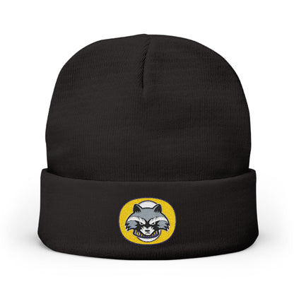 Embroidered Raccoon Patch Knit Beanie