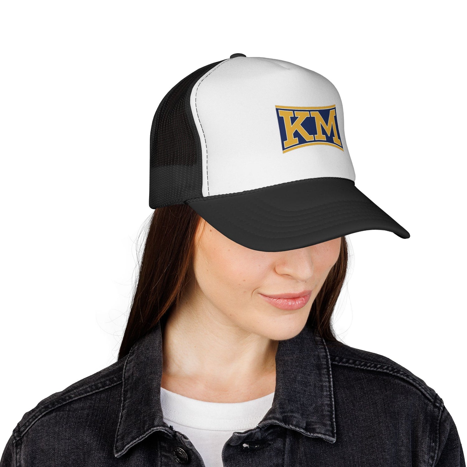 KM Embroidered Trucker Cap — Retro Varsity Logo Mesh Hat