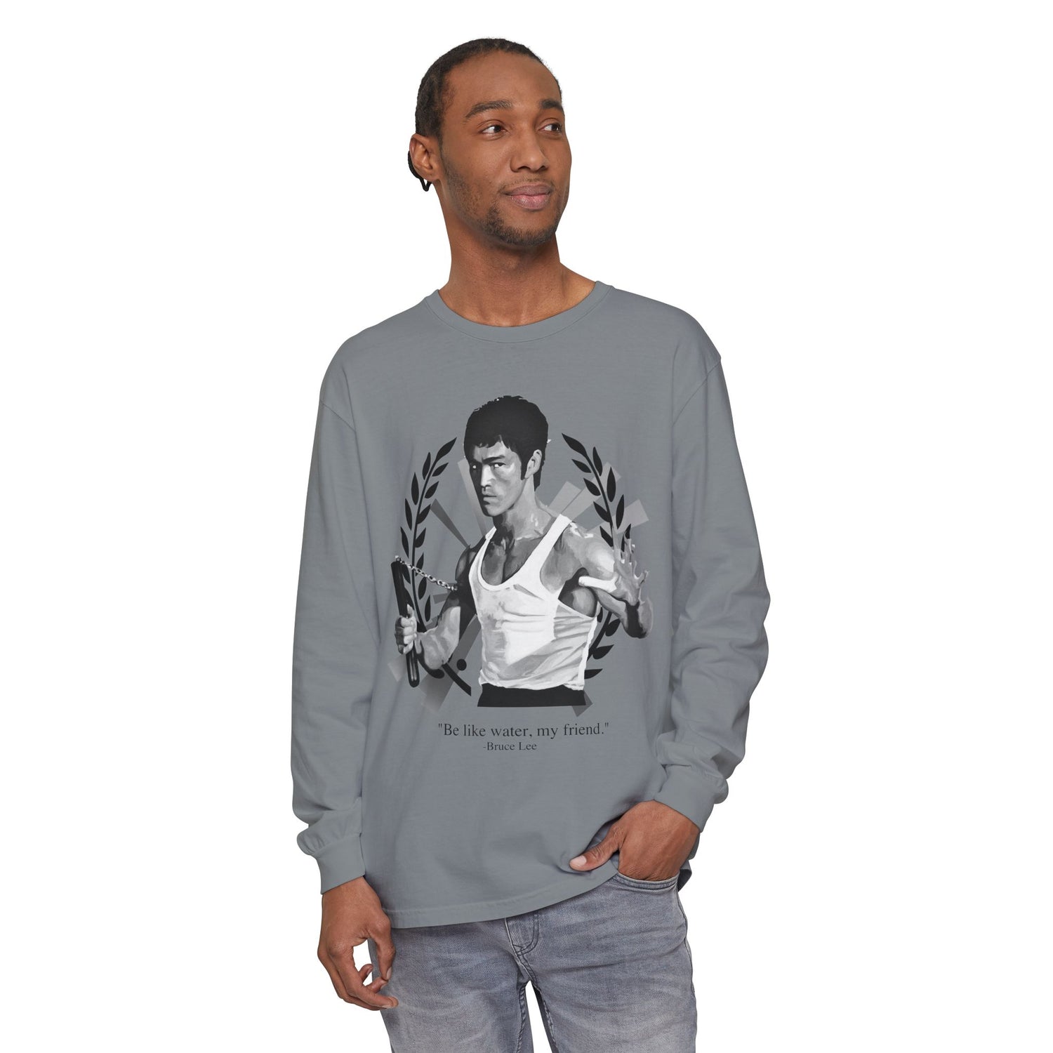 Bruce Lee Portrait Long Sleeve Tee — “Be like water, my friend.”